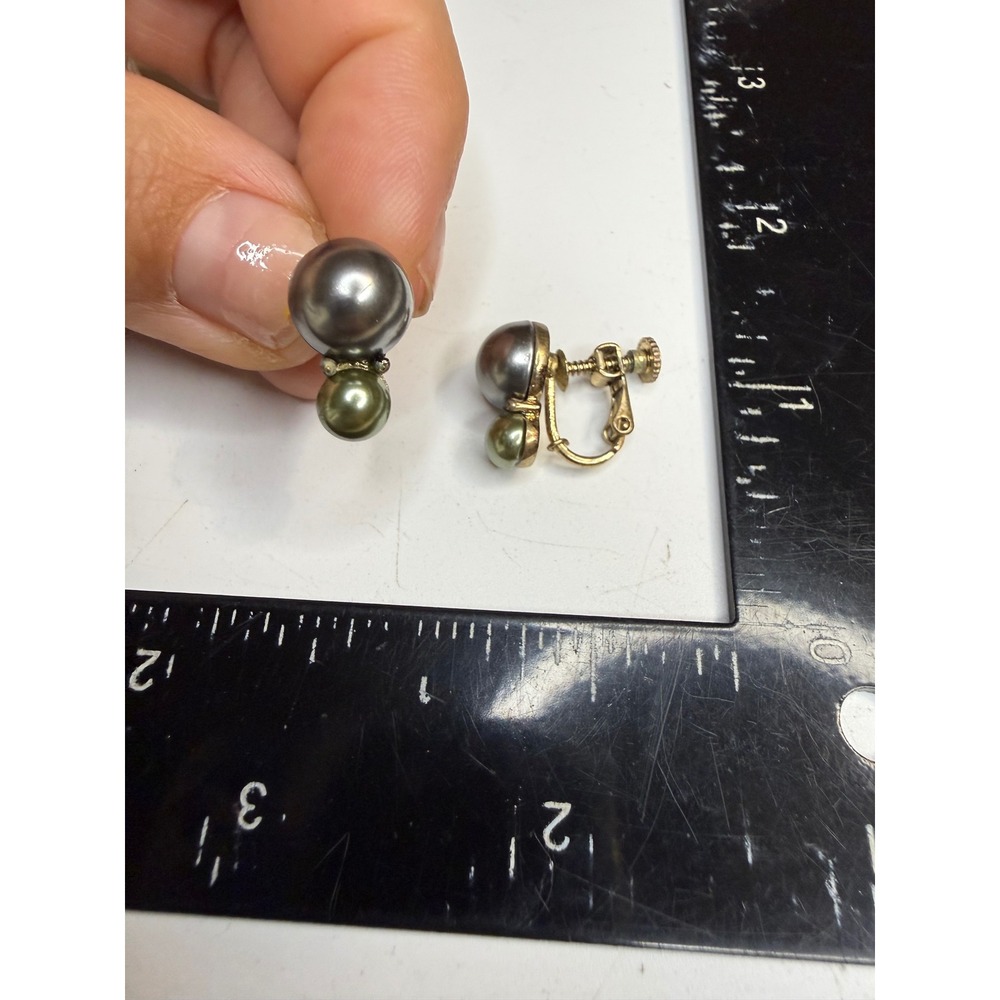 Vintage Faux Pearl Screw Back Clip On Earrings Gunmetal Grey Olive Green Gold